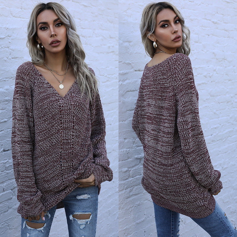 Women's Long-Sleeved Loose V-Neck Sweater with Mixed Colors
