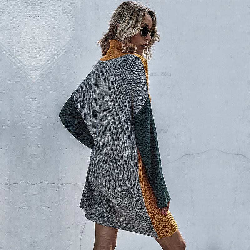 Long-Sleeved Knitted Slim-Fit Match Color Sweater Dress Women Long Match Autumn And Winter