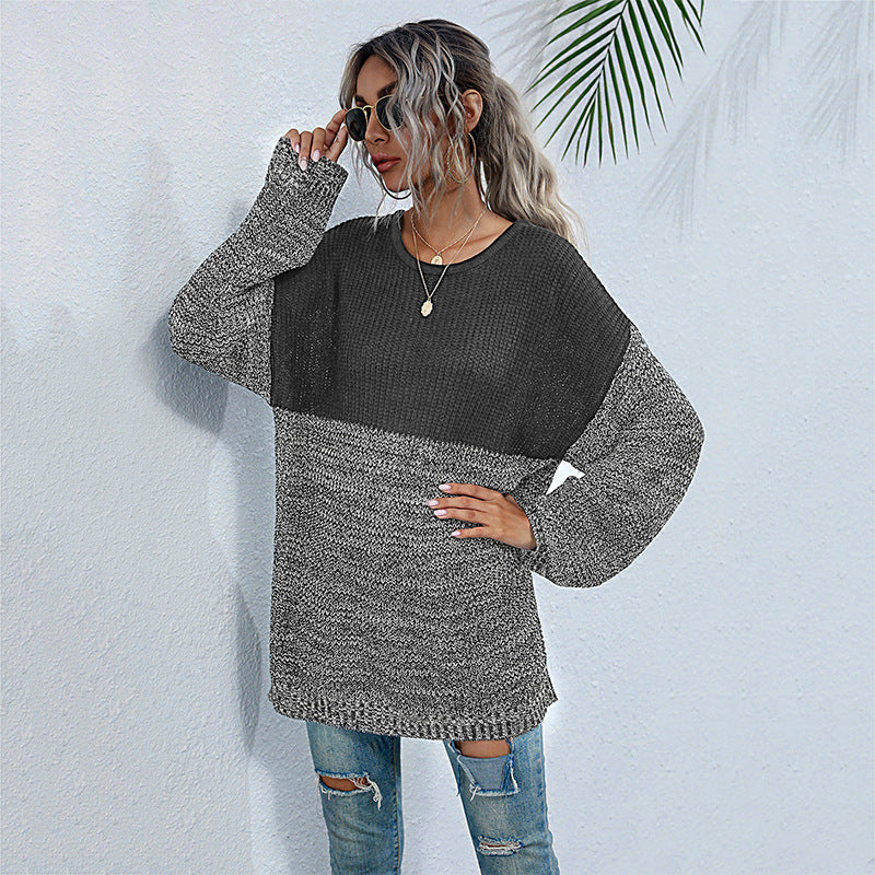 Color Contrast Round Neck Long Sleeve Knitted Sweater - Women's Medium-Length Fashion