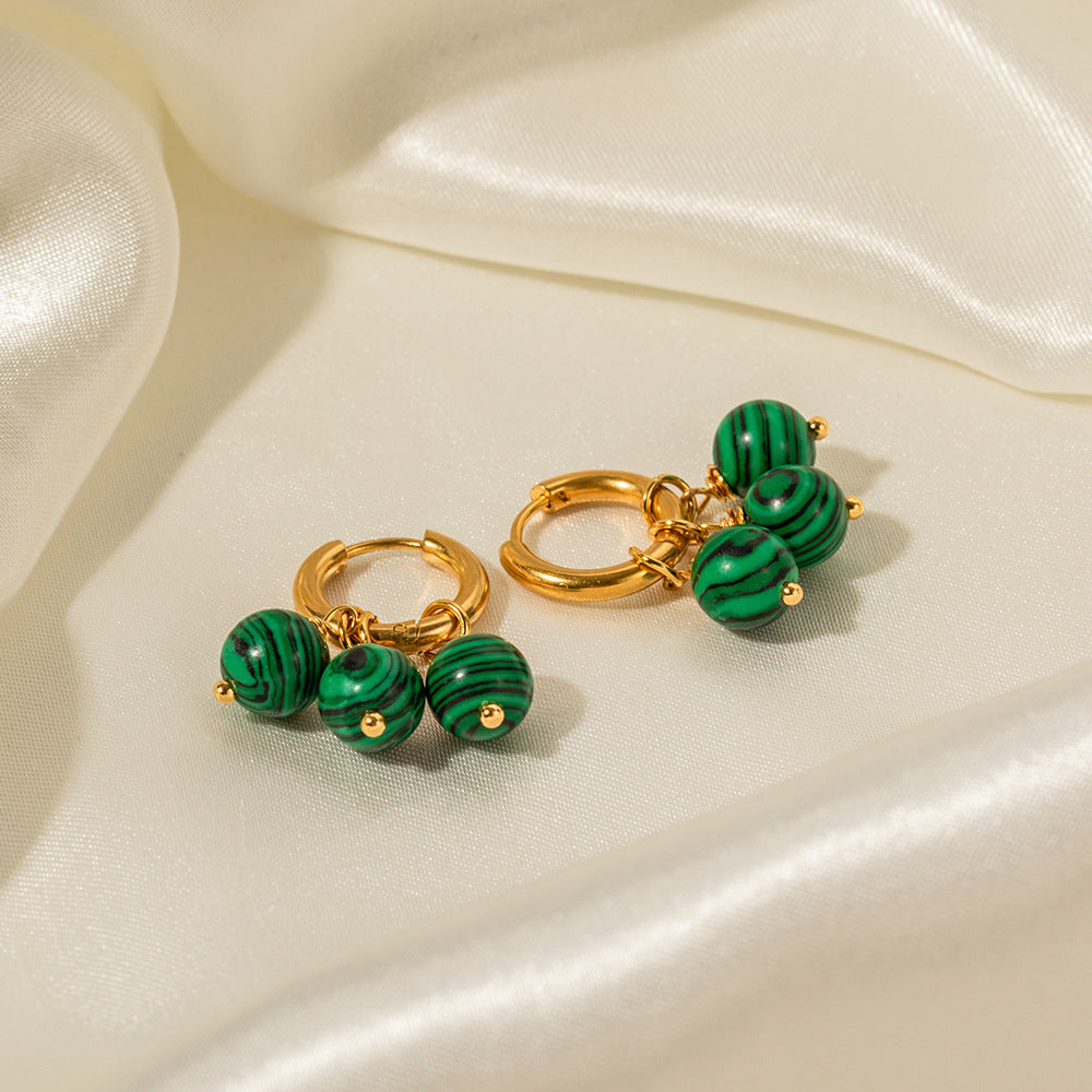 5pcs 18K Gold Stainless Steel Earrings Three Green Peacock Stone Fringe Pendant Earrings Fashion Style Earrings Accessories Women's Style