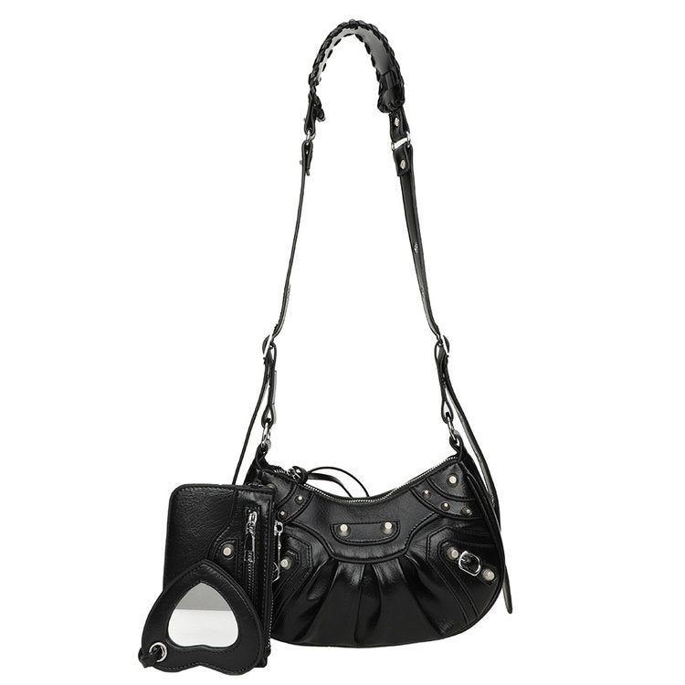 New Underarm Bag Female Retro Rivet Motorcycle Bag Fold Moon Tooth Mother Single Shoulder Crossbody Bag Female