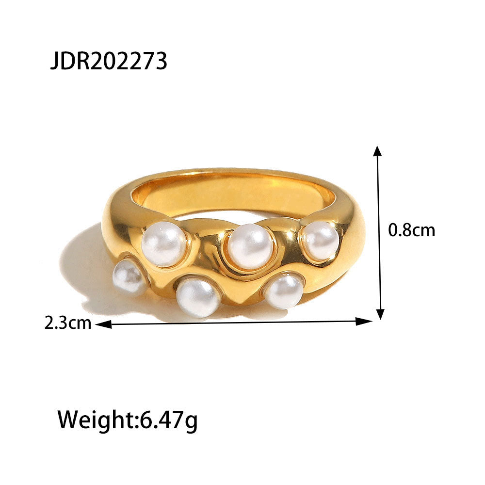5pcs Vintage Light Luxury Senior Sense Pea-Pod Pearl Ring Ring Ring Plated 18K Gold Not Fade Titanium Steel Ring Female