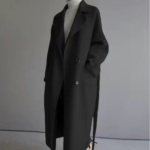 New Winter Medium Long Beige Woollen Waitmore Long Waisted Harajuku Over The Knee Woolen Coat