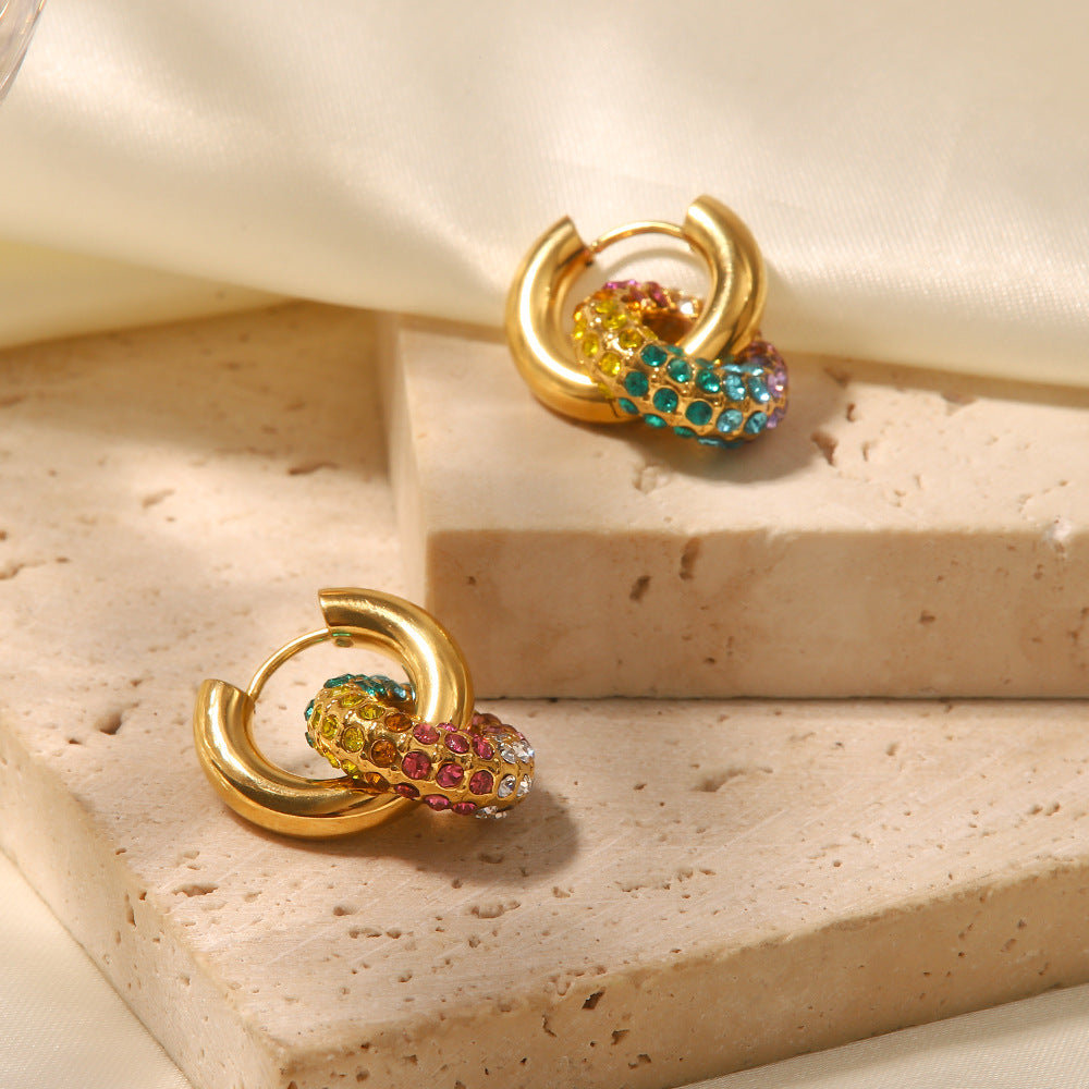 5pcs Jewelry 18K Gold Plated Multicolor Full Diamond Doughnut New Fashion All-In-One Earrings