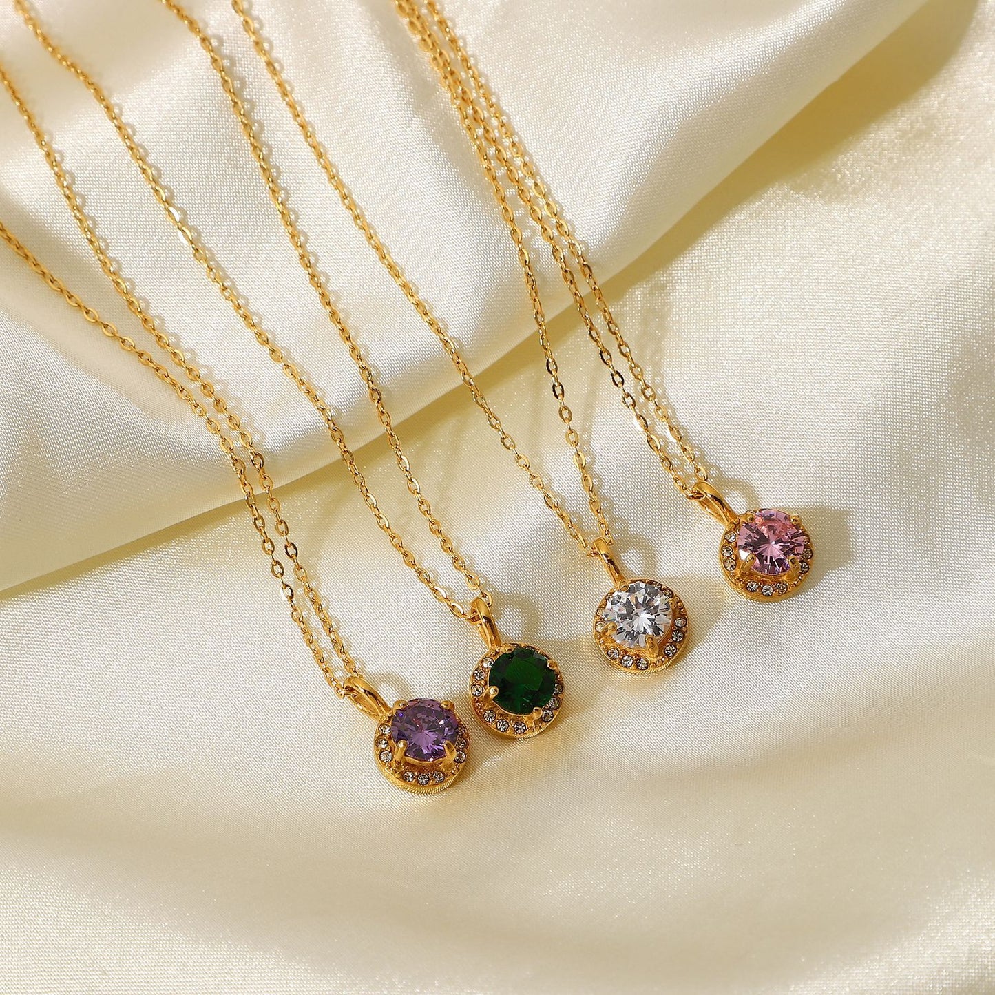 5pcs New Fashion Necklace 18K Gold Stainless Steel Double Round Zircon Pendant Women's Simple Necklace