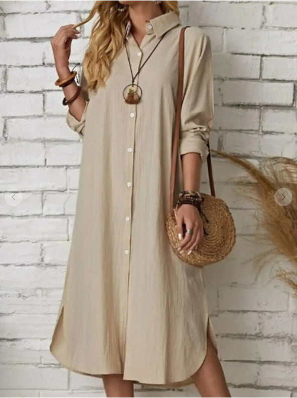Cotton Linen Solid Color Lapel Long Sleeve Simple Loose Casual Long Shirt Dress