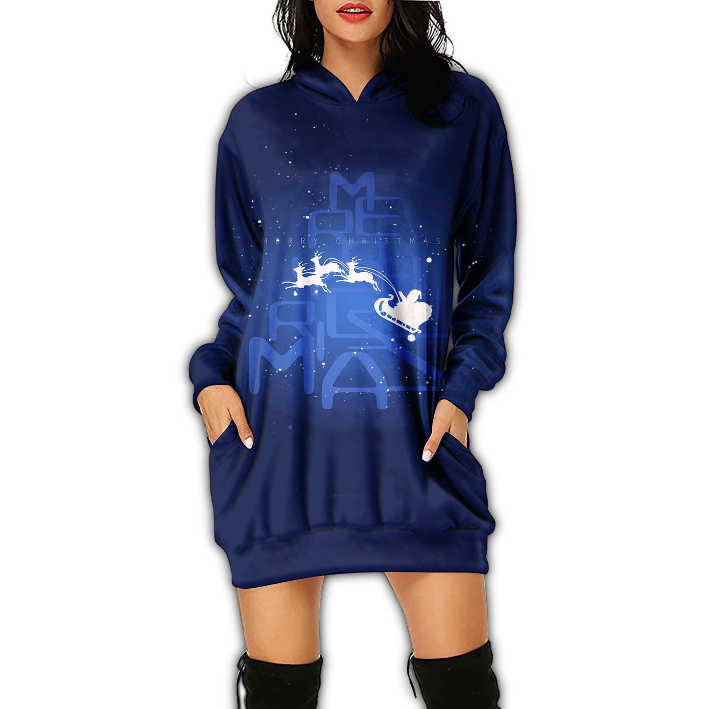 Autumn Women's Print Casual Long-Sleeved Hoodie Dress Christmas Holiday Party Dress