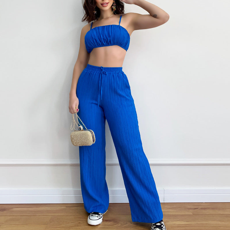 Summer Suit Women Solid Color Sleeveless Waist Sexy Pants Women's Two-Piece Set