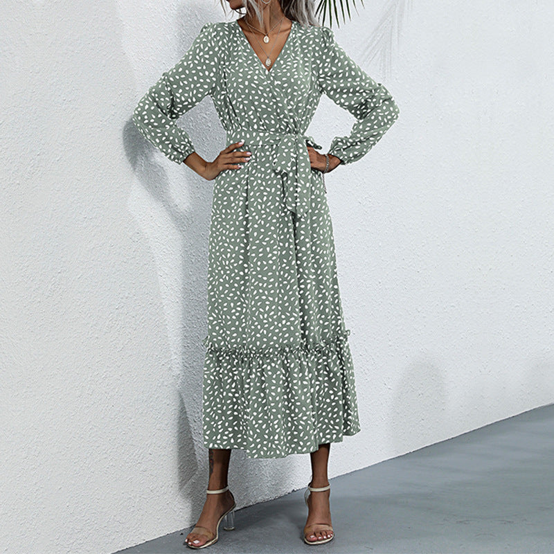 Women's Temperament Long Dress Split Green Floral Dress Autumn And Winter