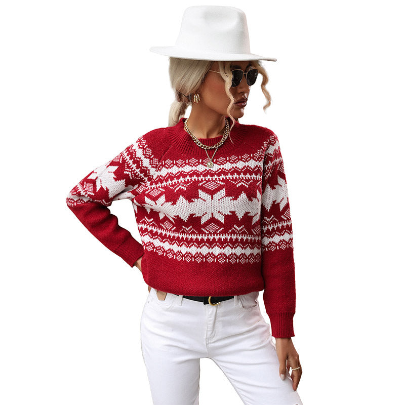 Autumn And Winter New Women's Fashion Crewneck Red Knitted Christmas Snowflake Sweater