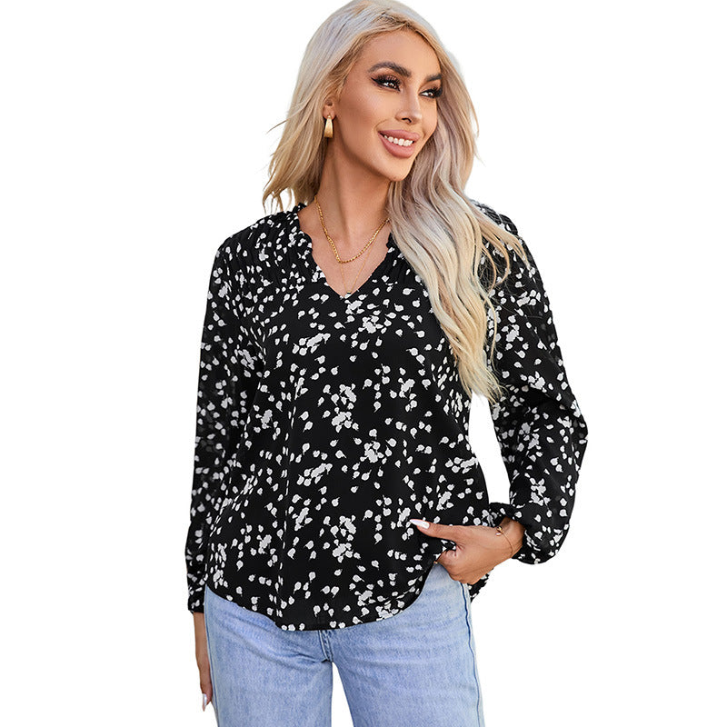 Shiying Yellow Romantic Print Crepe Chiffon Shirt Women's V-Neck Pullover Top