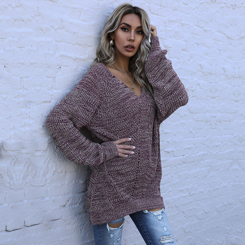 Women's Long-Sleeved Loose V-Neck Sweater with Mixed Colors