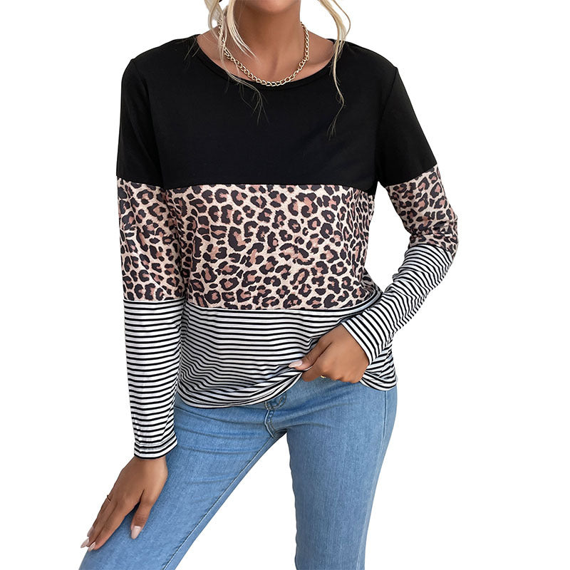Autumn Contrast Color Leopard Print Round Neck T-Shirt for Women