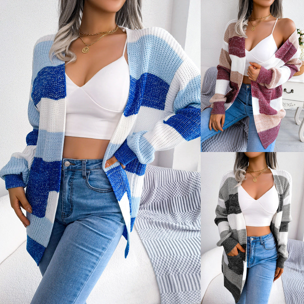Color Striped Lantern Sleeve Casual Cardigan Sweater Coat for Women