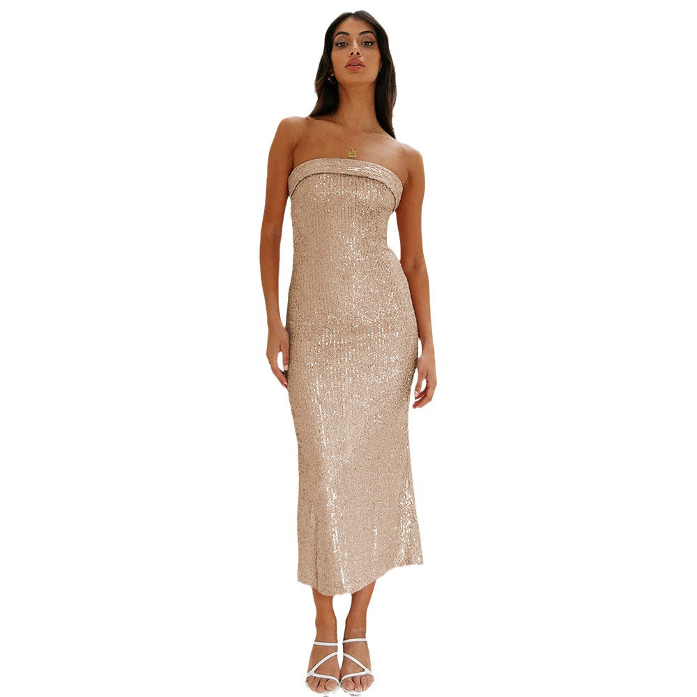Bead Dress Sexy Strapless Sequin Dress High-End Women's Hollowed-Out Spice Girl Dress Bridesmaid Dress