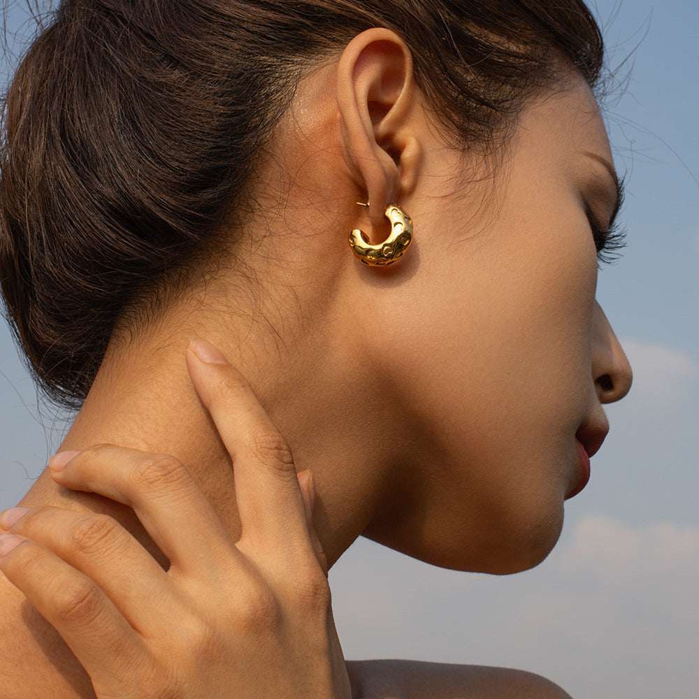 5pcs 18K Gold Plated Stainless Steel Classic 18K Gold Stainless Steel Embossed Heart C Shaped Earrings Women's Fashion Earrings Accessories