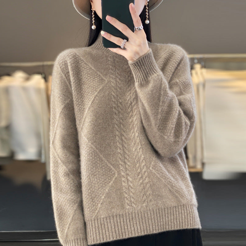 Diamond Twist Thickened Half Turtleneck 100 Woolen Sweater Women's Loose Pullover Long-Sleeved Base Sweater