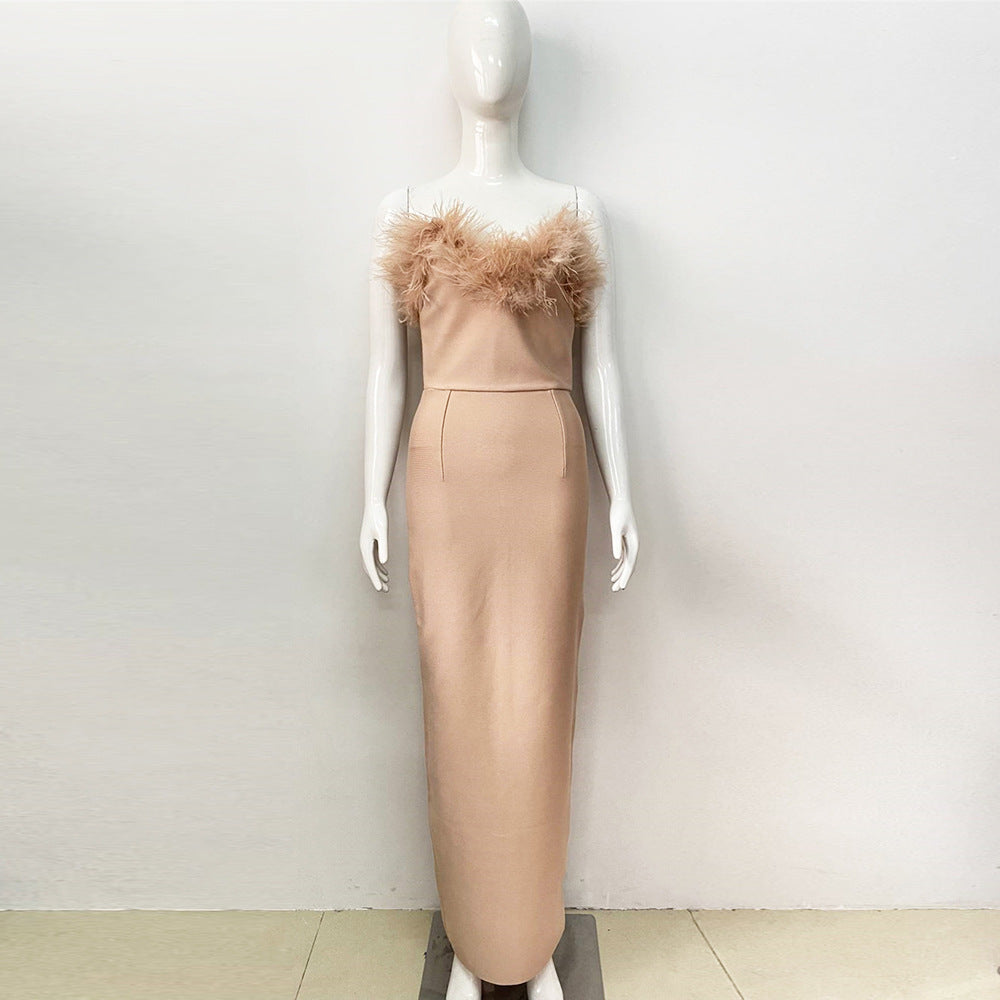 New Strapless Bandage Dress Fashion Feather Elegant Tight Wrap Hip Sleeveless Party Banquet Dress