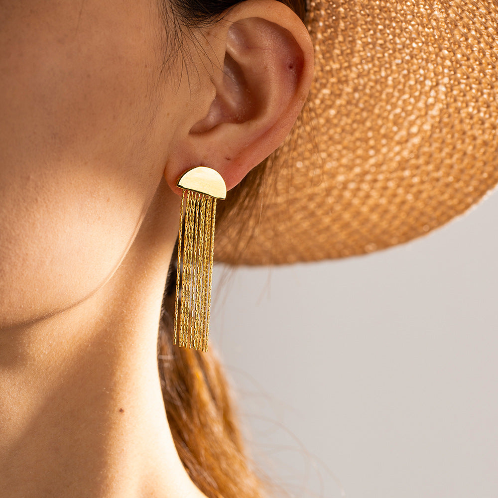 5pcs Simple 16K Gold Stainless Steel Semi-Circular Long Strip Tassel Earrings Exaggerated Temperament Studs Design Sense Earrings