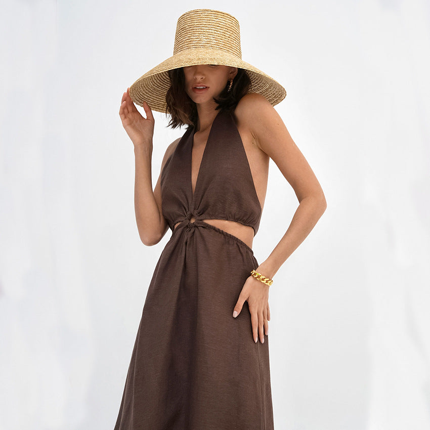New Cotton Hemp Brown Halter Halter Dress Summer Fashion Women's Dress Long Dress