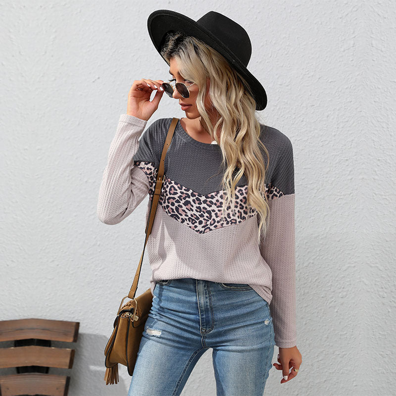 New Autumn Fashion Leopard Print Matching Color Sweater Long Sleeve Casual Blouse Women