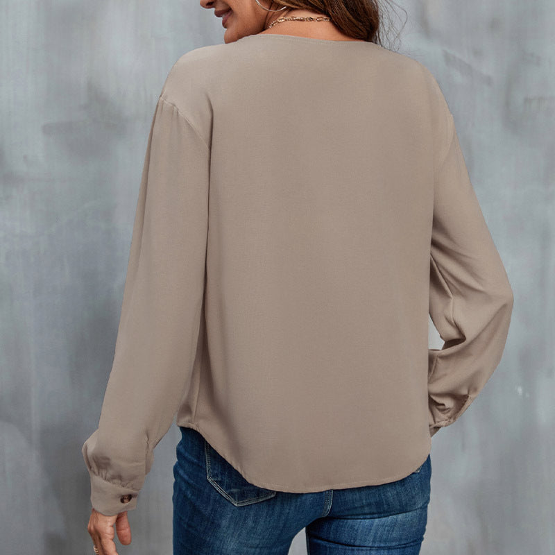 Loose Autumn New Button-Down V-Neck Long-Sleeved Knitwear Solid Color Blouse Blouse