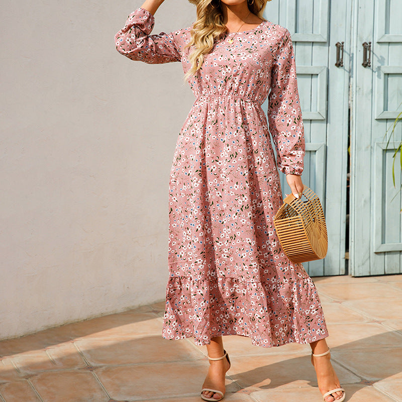 New Autumn And Winter Long Sleeve Long Dress Elegant Printed Round Neck Floral Swing Dress
