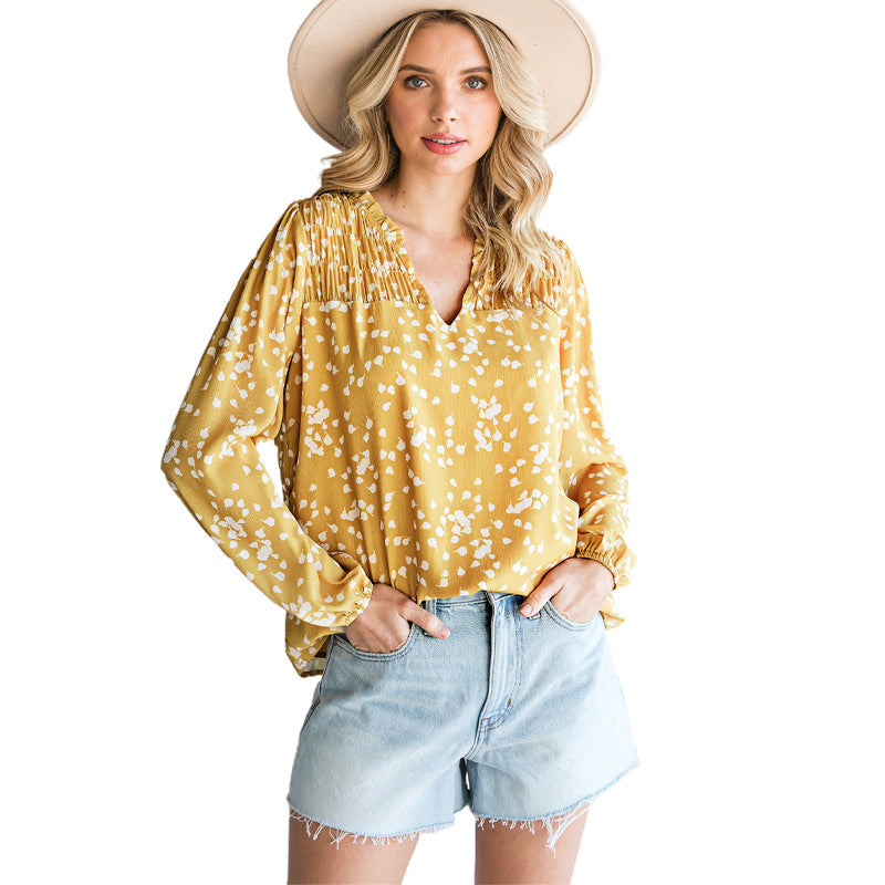 Shiying Yellow Romantic Print Crepe Chiffon Shirt Women's V-Neck Pullover Top