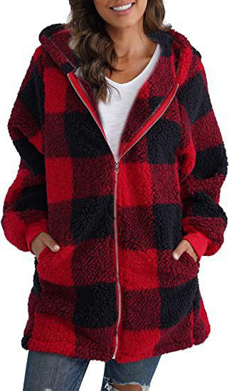 Plush Women's Coat New Long-Sleeved Plaid Hooded Zipper With Pocket Loose Coat