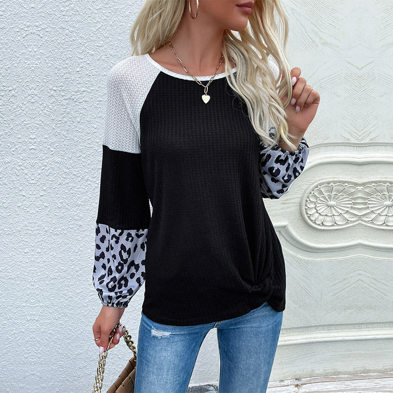 New Splicing Women's Autumn Leopard Print Long Sleeve Color Pullover Sweater