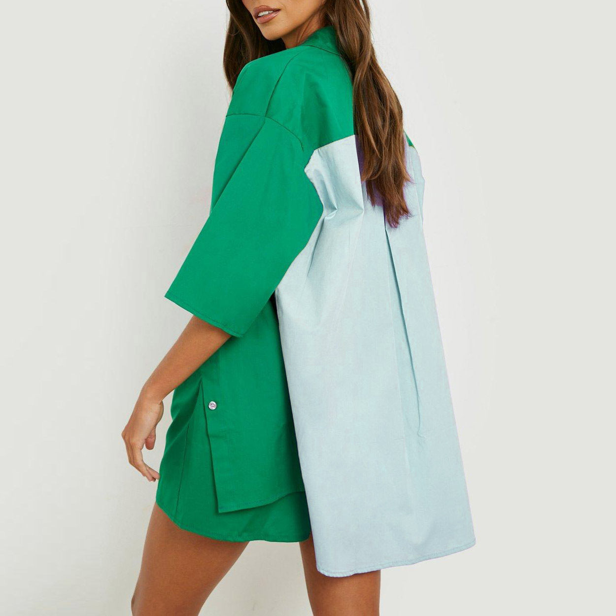 Spring And Summer New Casual Suit Women Color Collocation Oversized Sleeved Shirt Blouse Elastic Waist Shorts Two-Piece Set