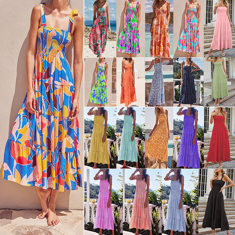 Summer Women's New Commuter Sleeveless Spice Print Long Halter Dress