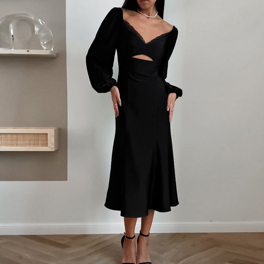 Sexy V-Neck Bubble Sleeve Hollow Lace Imitation Acetic Acid Color Ding Dress New Spring Fashion Women