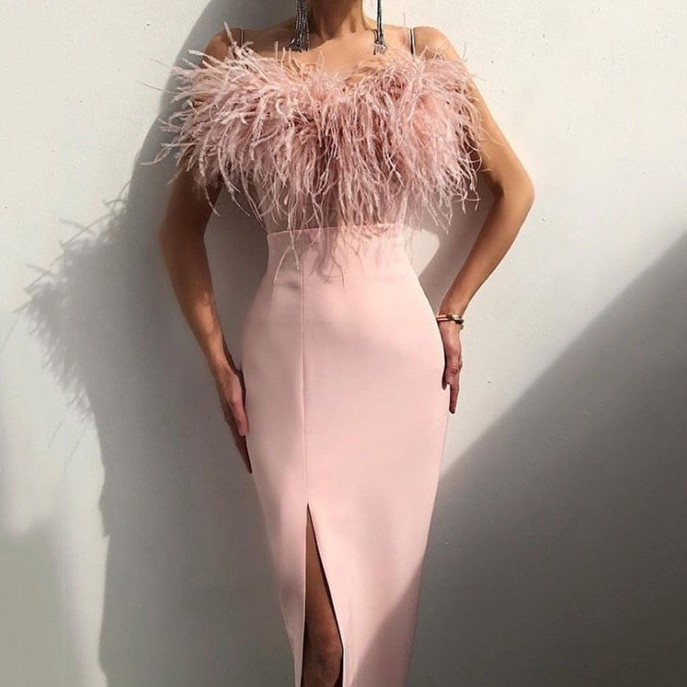 New Spring And Summer Women's Halter Feather Dress Banquet Slimming Temperament Package Arm Dress