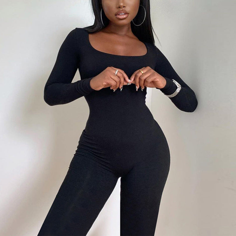 Slim-Fit Hip Lift One Piece Trousers Casual Round Neck Long Sleeve Autumn And Winter Bottom Tight Jumpsuit Women
