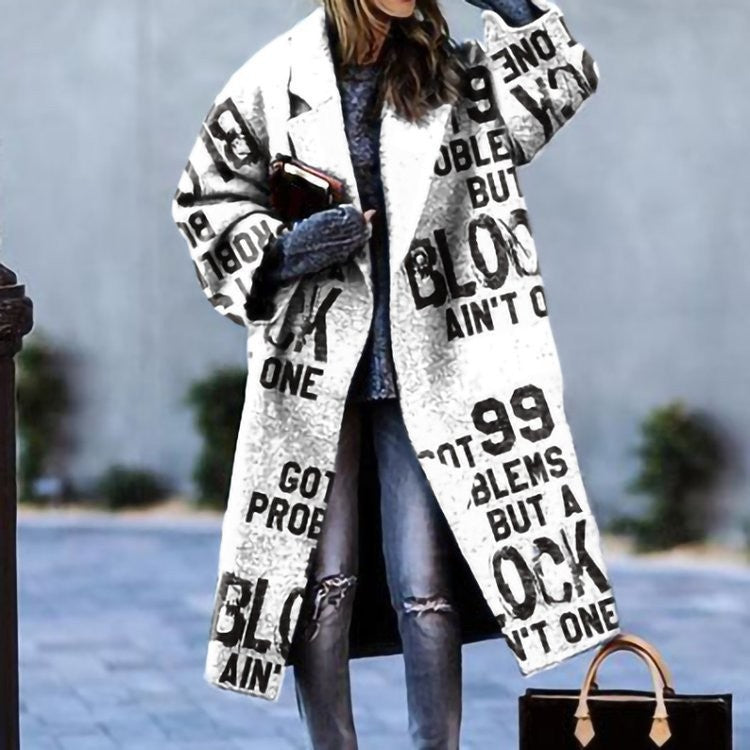 New Autumn Women's Long Sleeve Lapel Coat Printed Wool Long Coat