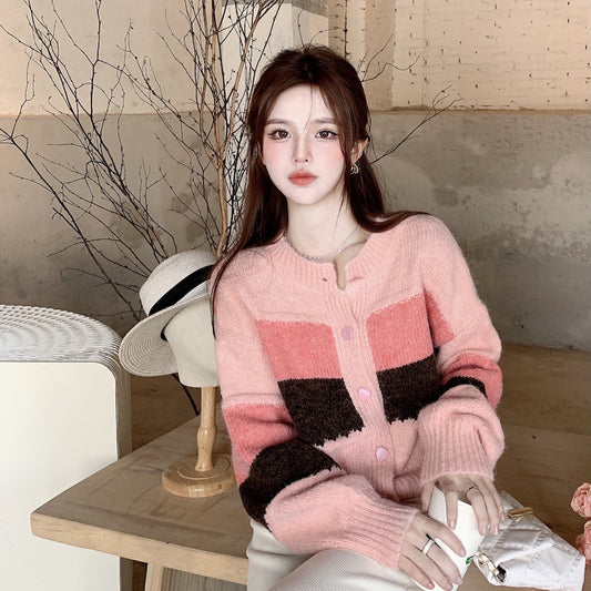 Pink Matching Color Knit Cardigan Women Autumn-Winter Day Vintage Lazy Loose Outside Wear Short Sweater Coat Tide
