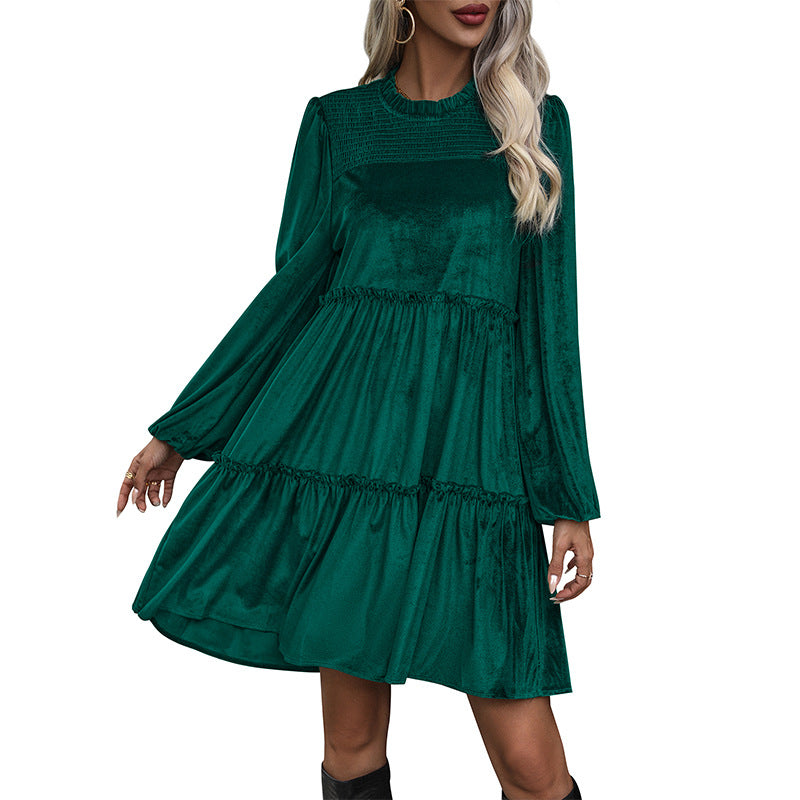 Autumn And Winter New Fashion Women's Green Velvet Dress
