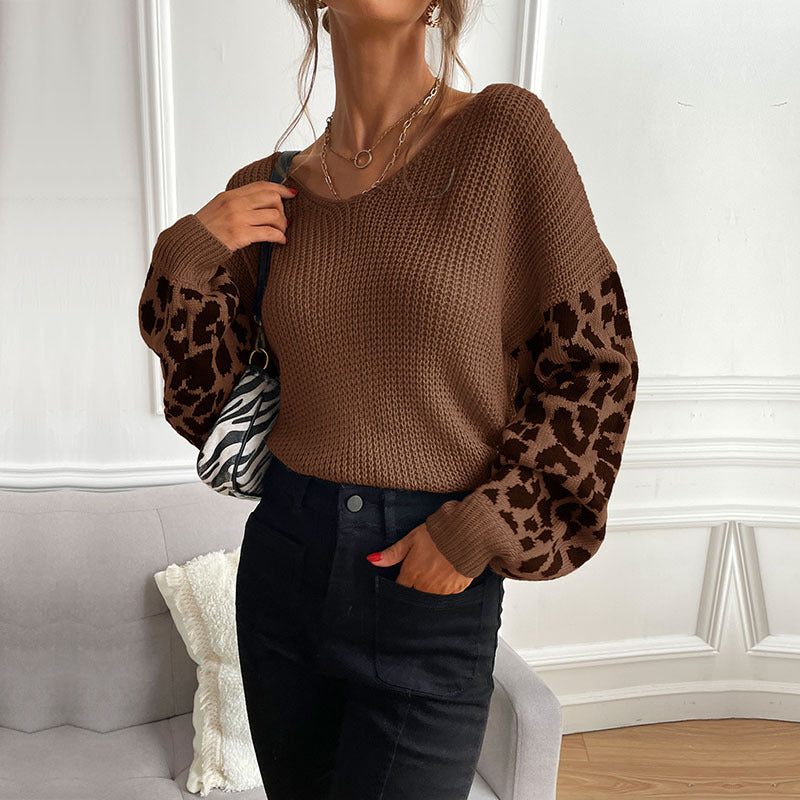 Autumn New Women's Thin Round Neck Knitted Jumper Leopard Print Sweater Woman