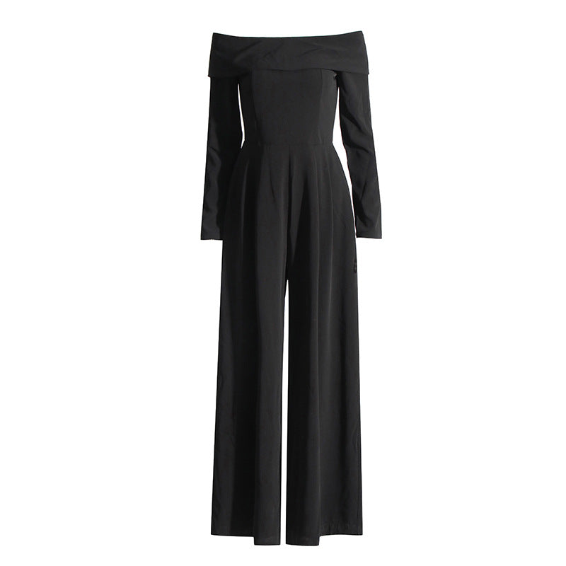 New Autumn Goddess Fan One-Line Collar Jumpsuit Temperament Of The Girl High Waist Slimming Wide-Leg Pants