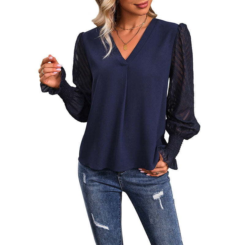 Autumn Shirt Long Sleeve V-Neck Solid Color Shirt For Women