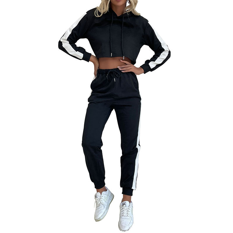 New Women's Long-Sleeved Street Black Hooded Sweatsuit Two-Piece
