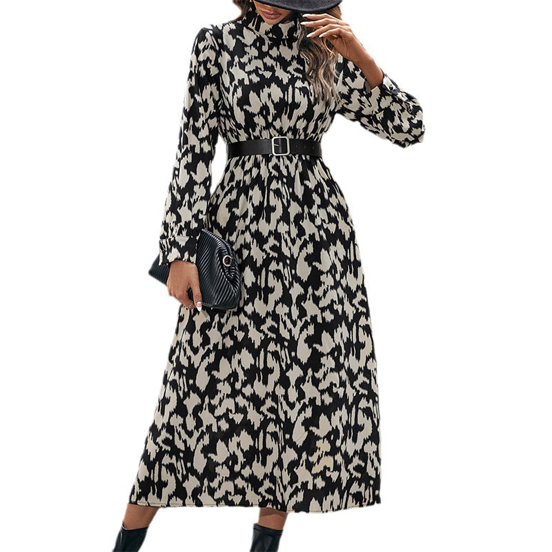 Spring And Autumn New Fashion Women's Long-Sleeved Half High Collar Print Waist Temperament Dress