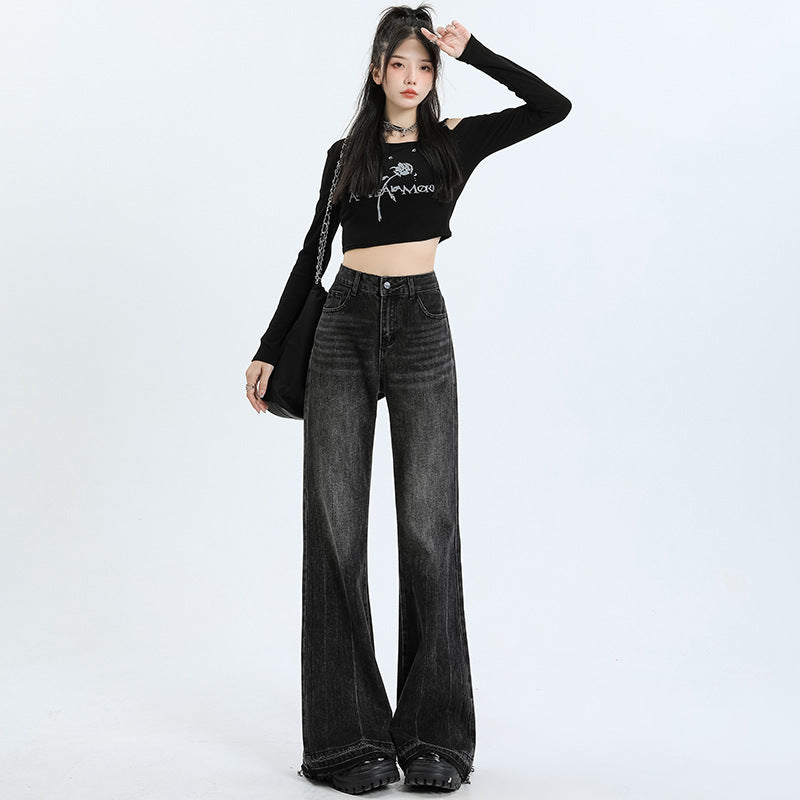 High-Waisted Jeans Women New Autumn And Winter Retro Micro-Trumpet No Elastic Loose Spice Girl Hair-Trimmed Trousers