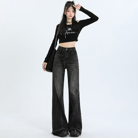 High-Waisted Jeans Women New Autumn And Winter Retro Micro-Trumpet No Elastic Loose Spice Girl Hair-Trimmed Trousers