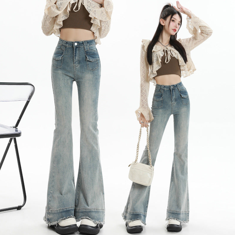 Micro High-Waisted Jeans Women's Double Pocket Advanced Slim Flared Pants Thin Mopping Pants Autumn And Winter