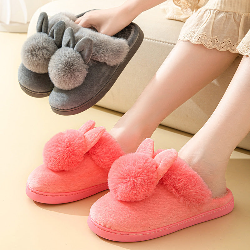 Long Ears Single Ball Male And Female Couples Winter Warm Wooden Floor Thickened Indoor Warm Slippers Cotton Slippers