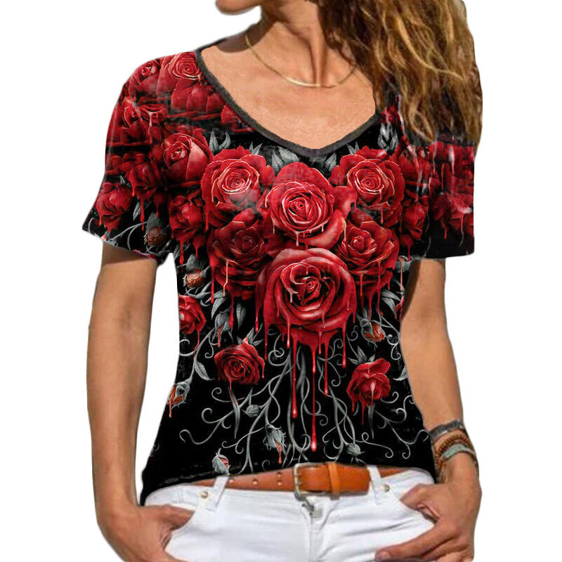Summer New Women's New Short Sleeve Rose Print T-Shirt Woman