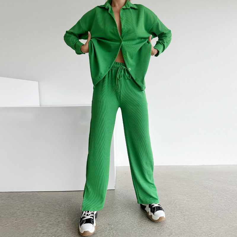 Fashion Casual Suit Cardigan Lapel Long Sleeve Solid Color Loose Pants Women's Two-Piece Set