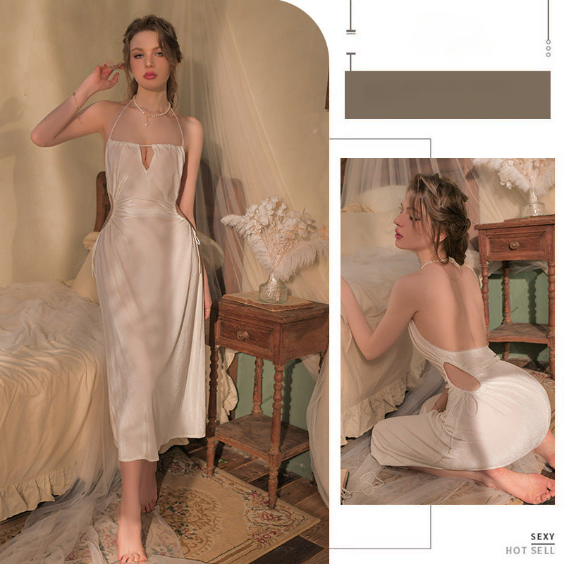 Sexy Pajama Woman Desire To Wind Hollow Out Waist Halter Nightdress Simple Velvet Women's Long Skirt Home Dress Woman